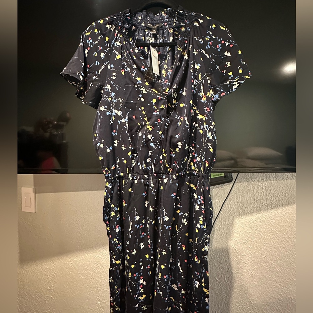 Black Floral Short-Sleeve Midi Dress